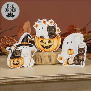 Spooky Boo Wooden Cat Sitter - 3 Asstd.