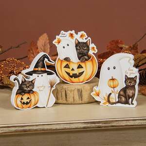 Spooky Boo Wooden Cat Sitter - 3 Asstd.