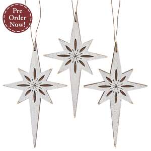 3 Set - Glittered Rustic Wood Guiding Star Ornaments