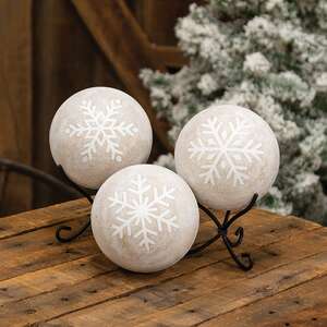 Distressed White Wooden Snowflake Engraved Decorative Ball - 3 Asstd.