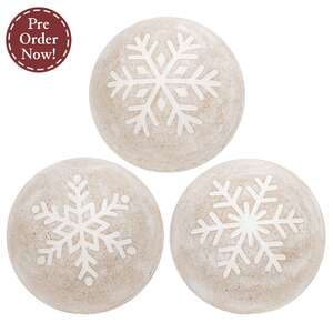 Distressed White Wooden Snowflake Engraved Decorative Ball - 3 Asstd.Distressed White Wooden Snowflake Engraved Decorative Ball - 3 Asstd.