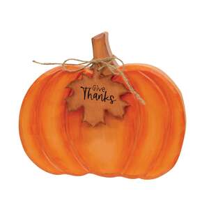 Hand Carved Wooden Give Thanks Pumpkin Sitter
