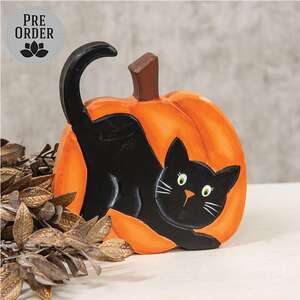 Hand Carved Wooden Black Cat Pumpkin Sitter