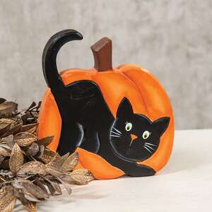 Hand Carved Wooden Black Cat Pumpkin Sitter