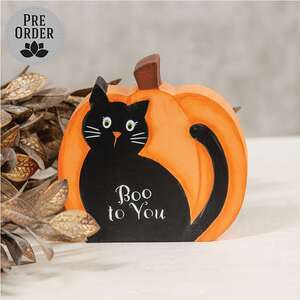 Boo To You Wooden Black Cat Pumpkin Sitter