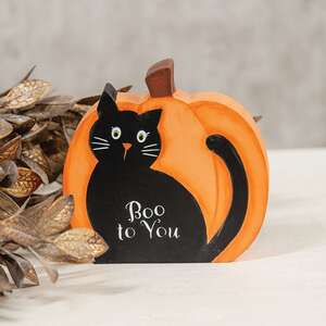 Boo To You Wooden Black Cat Pumpkin Sitter