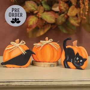 3 Set - Hand Carved Scaredy Cat Pumpkin Sitters