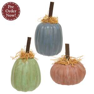 3 Set - Antiqued Resin Pumpkins With Raffia