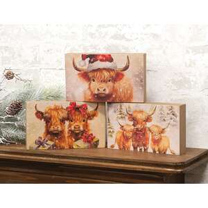 Christmas Highland Cows Box Sign - 3 Asstd.