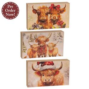 Christmas Highland Cows Box Sign - 3 Asstd.