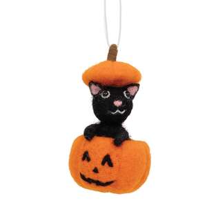 Black Cat in Pumpkin Felted Ornament