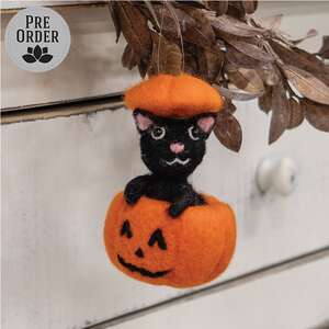 Black Cat in Pumpkin Felted Ornament