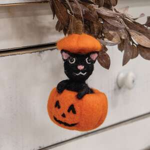 Black Cat in Pumpkin Felted Ornament