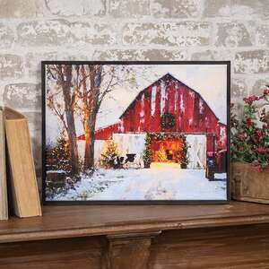 Cozy Christmas Barn with Cow Framed Canvas - 16.5x12.5
