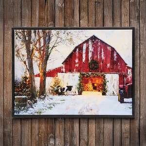 Cozy Christmas Barn with Cow Framed Canvas - 16.5x12.5
