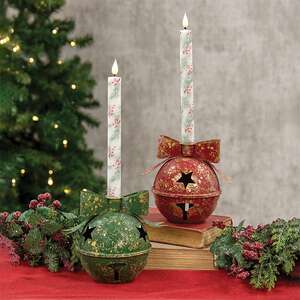 Distressed Green Metal Bow Jingle Bell Taper Holder