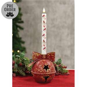 Distressed Red Metal Bow Jingle Bell Taper Holder