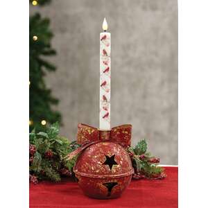 Distressed Red Metal Bow Jingle Bell Taper Holder