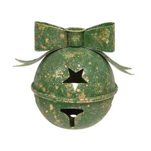Distressed Green Metal Bow Jingle Bell Taper Holder