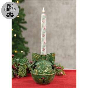 Distressed Green Metal Bow Jingle Bell Taper Holder