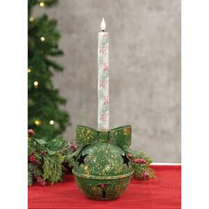 Distressed Green Metal Bow Jingle Bell Taper Holder