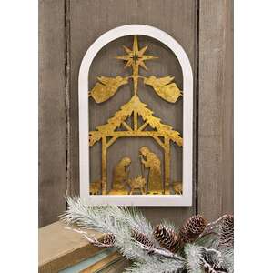 Antique Gold Metal Nativity Scene in Wood Frame - 15.75"