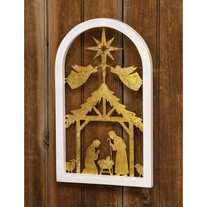 Antique Gold Metal Nativity Scene in Wood Frame - 15.75"