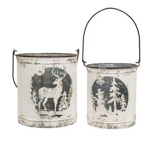 2/Set - Snowman & Reindeer Distressed Metal Buckets