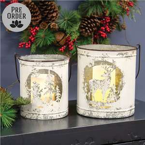 2/Set - Snowman & Reindeer Distressed Metal Buckets
