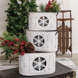 3/Set - Distressed White Snowflake Oval Metal Buckets