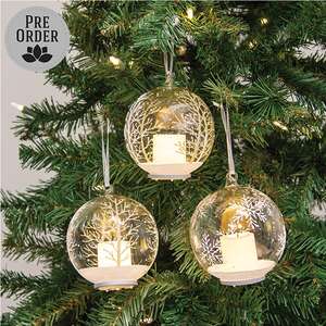 4" Winter Pattern Bulb Ornament w/LED Candle - 3 Asstd