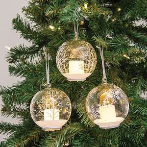 4" Winter Pattern Bulb Ornament w/LED Candle - 3 Asstd