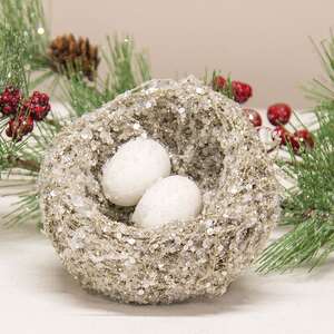 Sugar Frosted Bird Nest With Eggs - 4.5"
