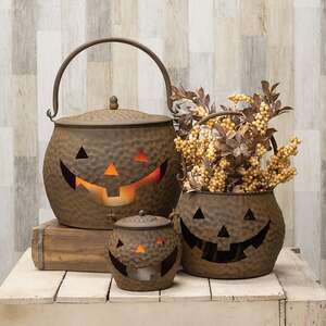 3 Set - Hammered Rust Metal Jack O Lantern Cauldrons with Lids