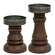 2 Set - Walnut Stained Wood & Metal Pillar Holders