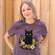 Floral Black Cat T-Shirt, Heather Purple, L201