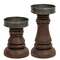 2 Set - Walnut Stained Wood & Metal Pillar Holders